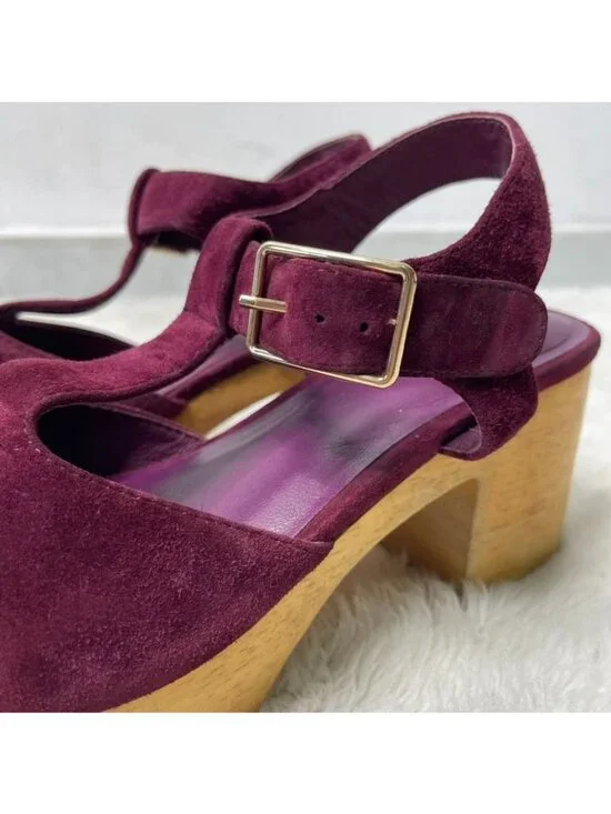 Charlotte Stone Maud T-Strap Clogs Burgundy Suede Wooden Platform Heels Size 8 - Picture 5 of 16